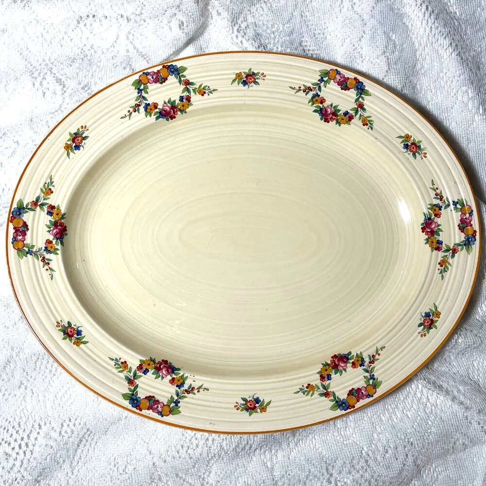 CROWN DUCAL 16 Inch Oval Serving Platter - Fruit & Floral Rim, Embossed Grooves,